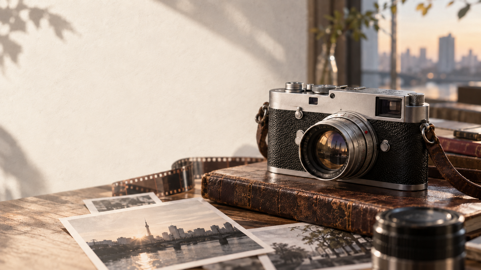 窓辺のクラシックカメラと古い写真、フィルムを配した静物イメージ